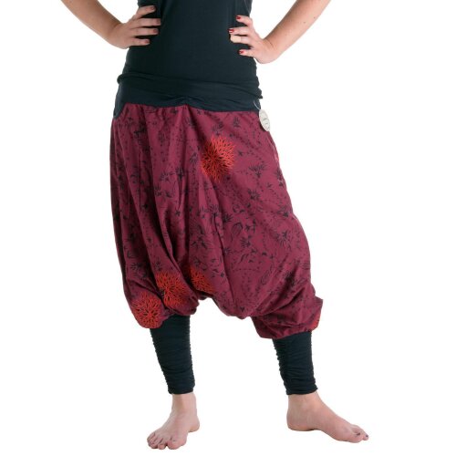 Vishes Bestickte Baumwoll Blumen Haremshose mit tiefem Schritt und Taschen dunkelrot 36