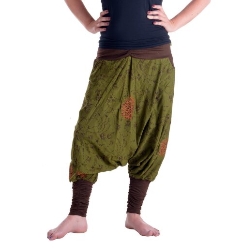 Vishes Bestickte Baumwoll Blumen Haremshose mit tiefem Schritt und Taschen olivegrün 38
