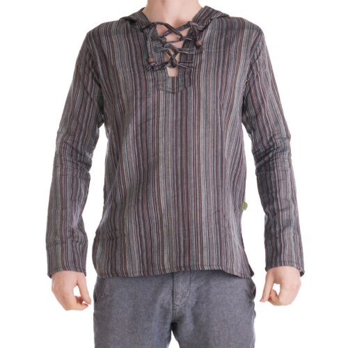 Vishes - Herren Kurta Langarm Baumwollhemd Fischerhemd Kapuze Kapuzenhemd dunkelbraun XL