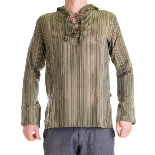 Vishes - Herren Kurta Langarm Baumwollhemd Fischerhemd Kapuze Kapuzenhemd olive XL