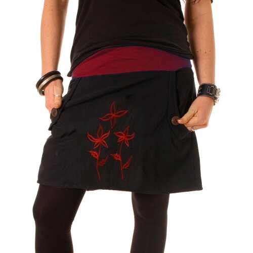 Vishes - Baumwollrock mit Blumen Stickerei Taschen Tiefrot-Schwarz 46-48