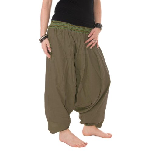Vishes Baumwoll Haremshose mit gestreiftem Bund olivegrün