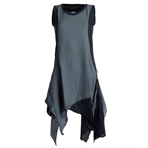 Vishes Ärmelloses Zipfeliges Lagenlook Kleid / Tunika aus handgewebter Baumwolle schwarz-grau 44