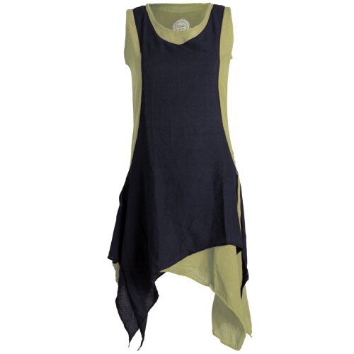 Vishes Ärmelloses Zipfeliges Lagenlook Kleid / Tunika aus handgewebter Baumwolle olive-schwarz 36