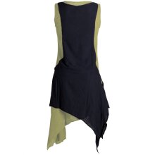 Vishes Ärmelloses Zipfeliges Lagenlook Kleid / Tunika aus handgewebter Baumwolle olive-schwarz 36