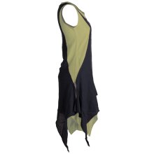 Vishes Ärmelloses Zipfeliges Lagenlook Kleid / Tunika aus handgewebter Baumwolle olive-schwarz 40