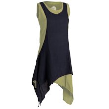 Vishes Ärmelloses Zipfeliges Lagenlook Kleid / Tunika aus handgewebter Baumwolle olive-schwarz 44