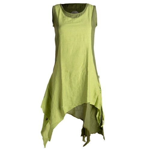 Vishes Ärmelloses Zipfeliges Lagenlook Kleid / Tunika aus handgewebter Baumwolle olive-hellgrün 34