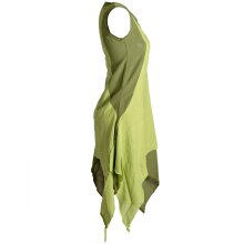 Vishes Ärmelloses Zipfeliges Lagenlook Kleid / Tunika aus handgewebter Baumwolle olive-hellgrün 36