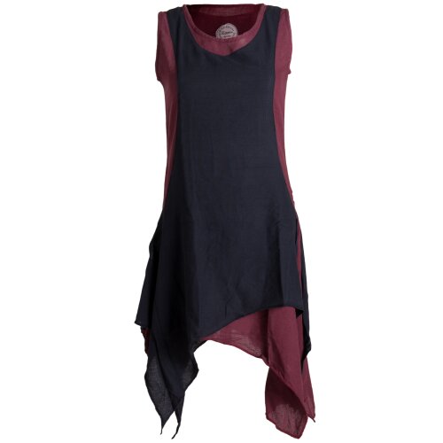 Vishes Ärmelloses Zipfeliges Lagenlook Kleid / Tunika aus handgewebter Baumwolle dunkelrot-schwarz 36