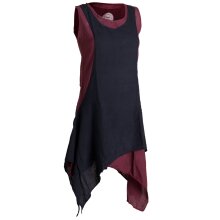 Vishes Ärmelloses Zipfeliges Lagenlook Kleid / Tunika aus handgewebter Baumwolle dunkelrot-schwarz 36