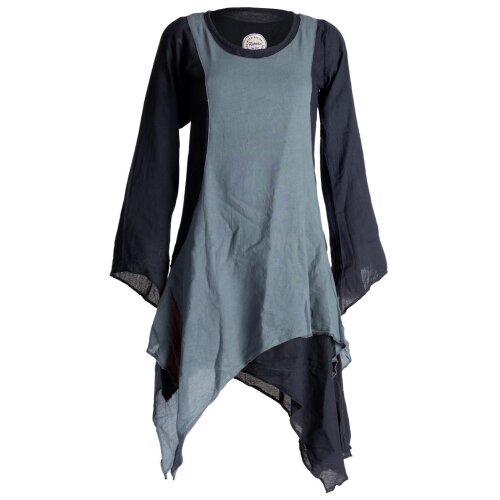 Vishes Langärmliges Zipfeliges Lagenlook Kleid / Tunika aus handgewebter Baumwolle schwarz-grau 46-48