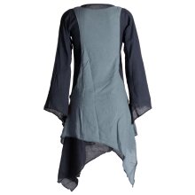Vishes Langärmliges Zipfeliges Lagenlook Kleid / Tunika aus handgewebter Baumwolle schwarz-grau 46-48