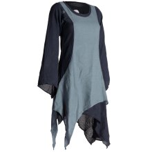 Vishes Langärmliges Zipfeliges Lagenlook Kleid / Tunika aus handgewebter Baumwolle schwarz-grau 46-48