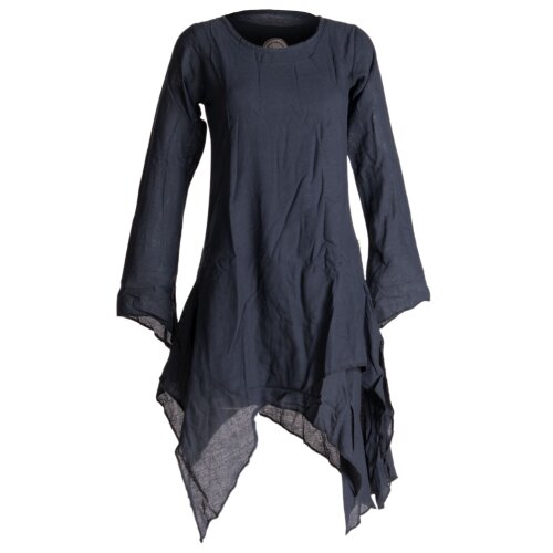Vishes Langärmliges Zipfeliges Lagenlook Kleid / Tunika aus handgewebter Baumwolle schwarzuni 34