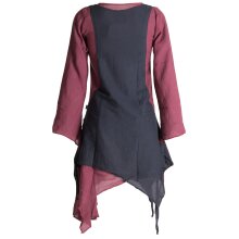 Vishes Langärmliges Zipfeliges Lagenlook Kleid / Tunika aus handgewebter Baumwolle dunkelrot-schwarz 46