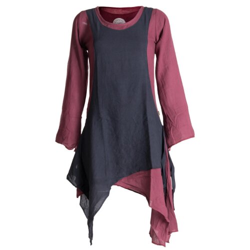 Vishes Langärmliges Zipfeliges Lagenlook Kleid / Tunika aus handgewebter Baumwolle dunkelrot-schwarz 46-48