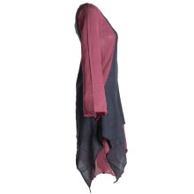 Vishes Langärmliges Zipfeliges Lagenlook Kleid / Tunika aus handgewebter Baumwolle dunkelrot-schwarz 46-48