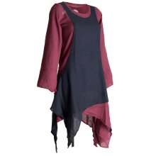 Vishes Langärmliges Zipfeliges Lagenlook Kleid / Tunika aus handgewebter Baumwolle dunkelrot-schwarz 46-48