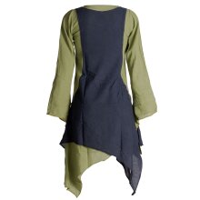 Vishes Langärmliges Zipfeliges Lagenlook Kleid / Tunika aus handgewebter Baumwolle olive-schwarz 36-38