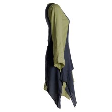 Vishes Langärmliges Zipfeliges Lagenlook Kleid / Tunika aus handgewebter Baumwolle olive-schwarz 36-38