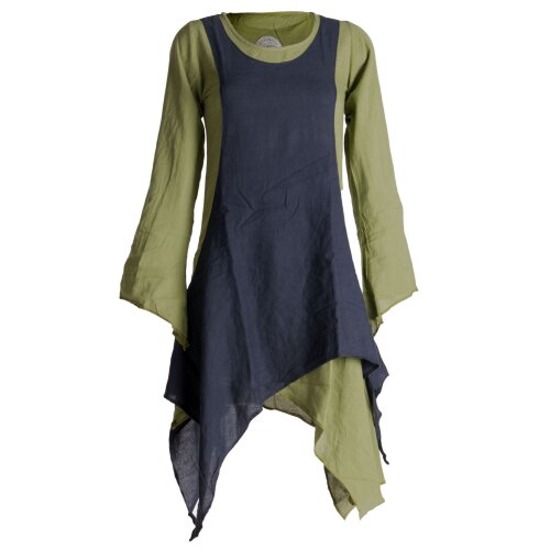 Vishes Langärmliges Zipfeliges Lagenlook Kleid / Tunika aus handgewebter Baumwolle olive-schwarz 42-44