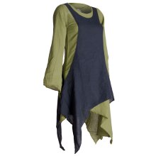 Vishes Langärmliges Zipfeliges Lagenlook Kleid / Tunika aus handgewebter Baumwolle olive-schwarz 42-44