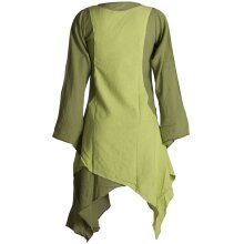 Vishes Langärmliges Zipfeliges Lagenlook Kleid / Tunika aus handgewebter Baumwolle olive-hellgrün 42-44