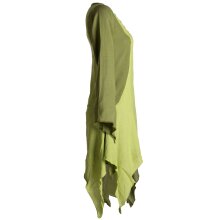 Vishes Langärmliges Zipfeliges Lagenlook Kleid / Tunika aus handgewebter Baumwolle olive-hellgrün 42-44