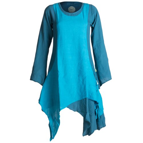 Vishes Langärmliges Zipfeliges Lagenlook Kleid / Tunika aus handgewebter Baumwolle türkis 36-38