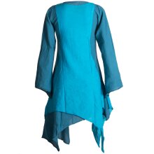 Vishes Langärmliges Zipfeliges Lagenlook Kleid / Tunika aus handgewebter Baumwolle türkis 48