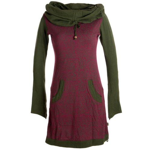 Vishes Bedrucktes Baumwollkleid mit Kapuzenschalkragen und Taschen dunkelrot-olive 42