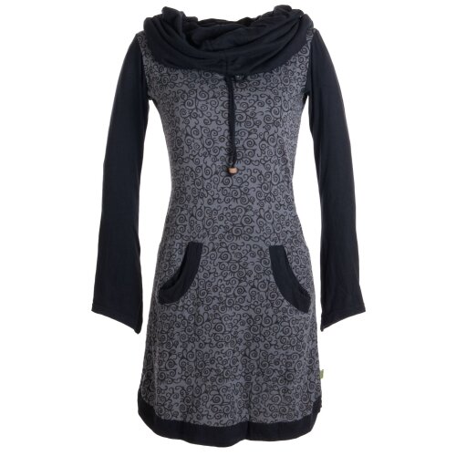 Vishes Bedrucktes Baumwollkleid mit Kapuzenschalkragen und Taschen grau-schwarz 38