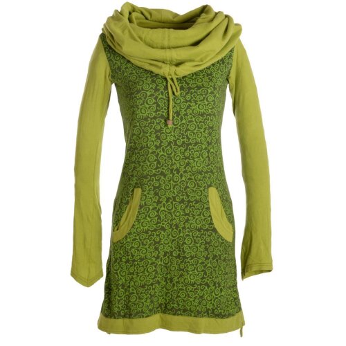 Vishes Bedrucktes Baumwollkleid mit Kapuzenschalkragen und Taschen olivegrün 34