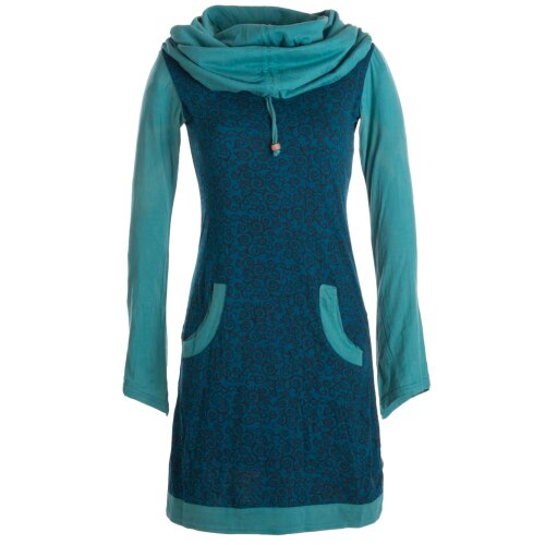 Vishes Bedrucktes Baumwollkleid mit Kapuzenschalkragen und Taschen türkis 38