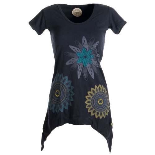 Vishes Asymmetrisch geschnittenes Longshirt, Elfen Tunika mit großen Blumen bedruckt schwarz 34