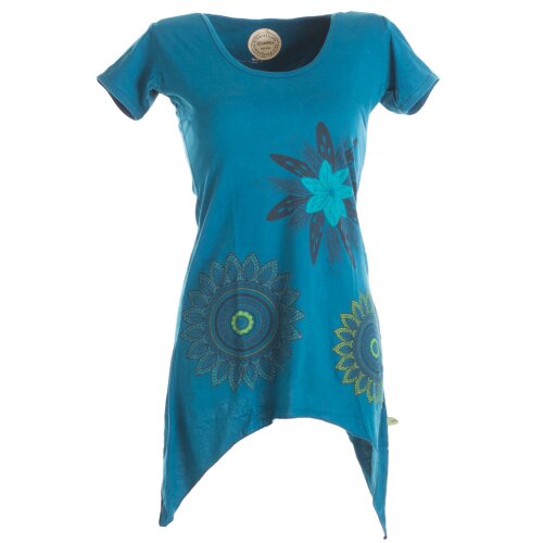 Vishes Asymmetrisch geschnittenes Longshirt, Elfen Tunika mit großen Blumen bedruckt türkis 42