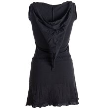 Vishes Asymmetrisches Lagenlook Baumwollkleid mit Rüschen, Flechtwerk und Zipfelkapuze schwarz 46