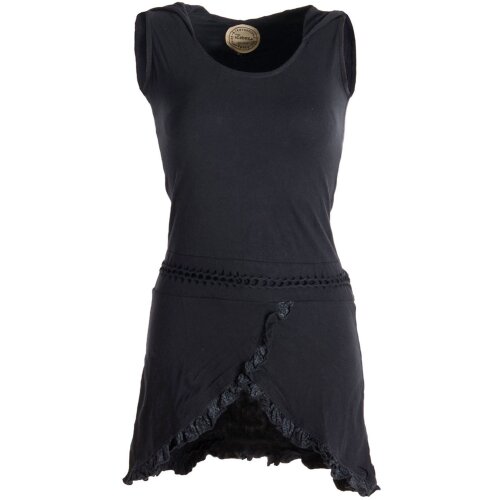 Vishes Asymmetrisches Lagenlook Baumwollkleid mit Rüschen, Flechtwerk und Zipfelkapuze schwarz 48