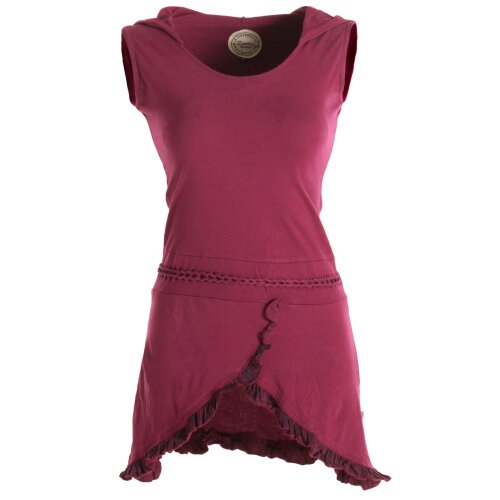 Vishes Asymmetrisches Lagenlook Baumwollkleid mit Rüschen, Flechtwerk und Zipfelkapuze dunkelrot 38