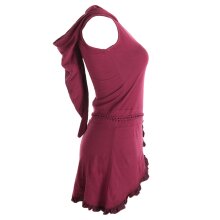 Vishes Asymmetrisches Lagenlook Baumwollkleid mit Rüschen, Flechtwerk und Zipfelkapuze dunkelrot 38