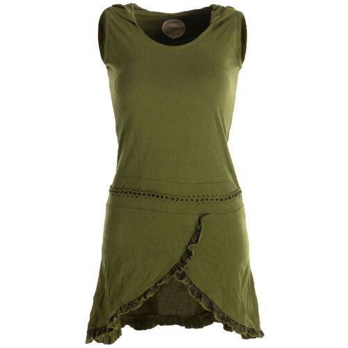 Vishes Asymmetrisches Lagenlook Baumwollkleid mit Rüschen, Flechtwerk und Zipfelkapuze olivegrün 32