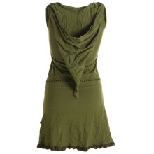 Vishes Asymmetrisches Lagenlook Baumwollkleid mit Rüschen, Flechtwerk und Zipfelkapuze olivegrün 34/36