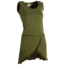 Vishes Asymmetrisches Lagenlook Baumwollkleid mit Rüschen, Flechtwerk und Zipfelkapuze olivegrün 34/36