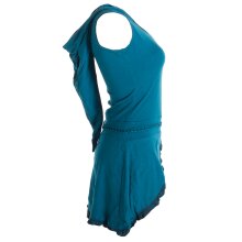 Vishes Asymmetrisches Lagenlook Baumwollkleid mit Rüschen, Flechtwerk und Zipfelkapuze türkis 34/36