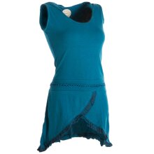 Vishes Asymmetrisches Lagenlook Baumwollkleid mit Rüschen, Flechtwerk und Zipfelkapuze türkis 38