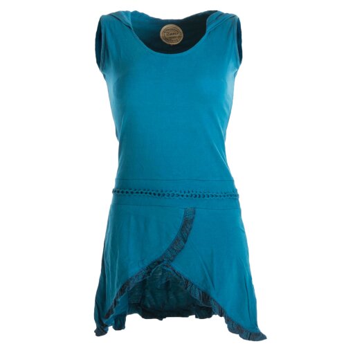 Vishes Asymmetrisches Lagenlook Baumwollkleid mit Rüschen, Flechtwerk und Zipfelkapuze türkis 44