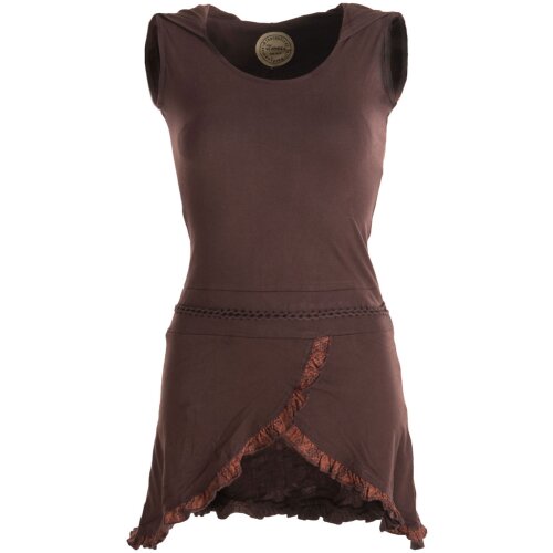 Vishes Asymmetrisches Lagenlook Baumwollkleid mit Rüschen, Flechtwerk und Zipfelkapuze braun 44
