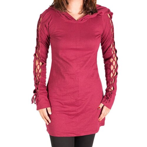 Vishes Einfarbiges Langarm Baumwoll Hoodie-Kleid mit geschnürten Ärmeln dunkelrot 42