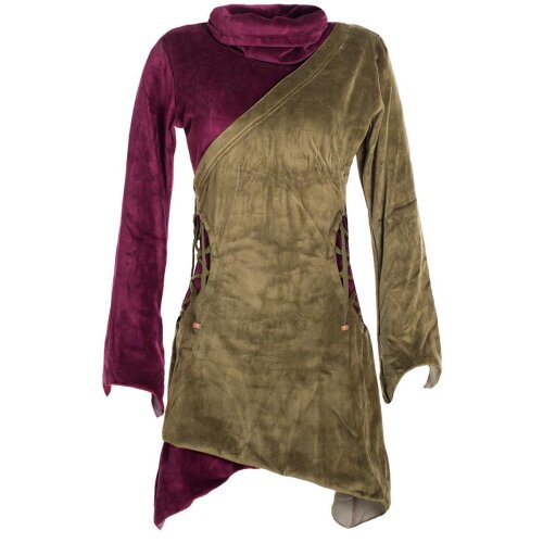 Vishes Asymmetrisches Lagenlook Samtkleid zum Schnüren mit Zipfeln und langen Ärmeln olive-dunkelrot 42